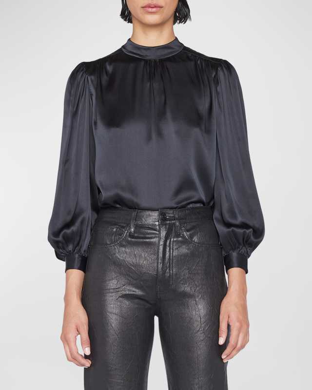 Shirred Mock-Neck Silk Blouse